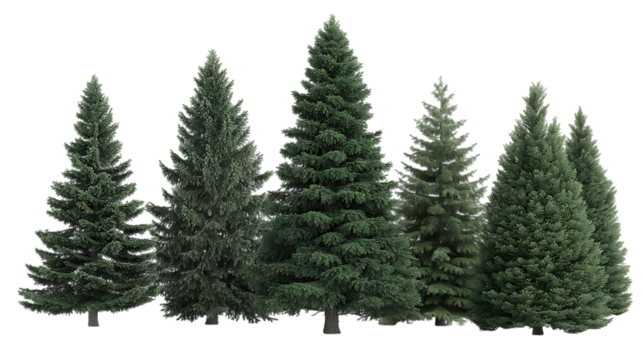 Group of several evergreen fir trees isolated on white background transparent png