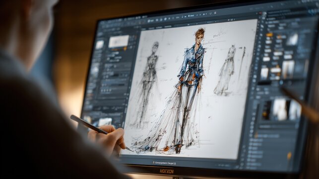 Fashion designer meticulously sketching a digital design on computer screen