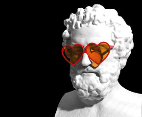 Statue of Socrates, bust of Socrates with heart-shaped glasses. 3D rendering.