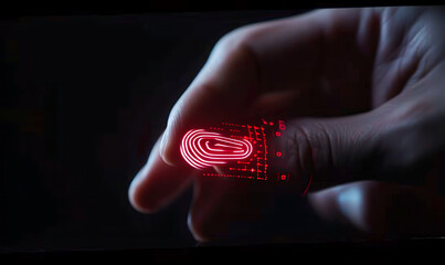  Close Up of a Finger Interacting with a Glowing Red Digital Interface on a Dark Background