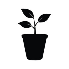 Silhouette of a Small Potted Plant with Leaves on White Background, Tree leaves silhouette vector illustration