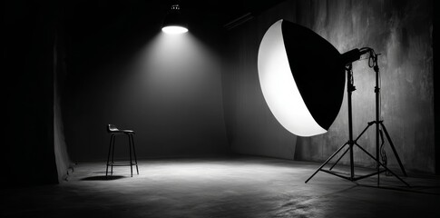 Empty Photo Studio with Lighting Equipment, Chair, and Dramatic Shadows