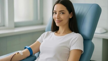Young woman donating blood in a modern hospital - Powered by Adobe