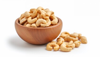 Wooden Bowl Filled with Roasted Cashew Nuts on White Surface Representing Healthy Snacking, Natural Nutrition, Culinary Simplicity, and Wholesome Ingredients — Generative AI