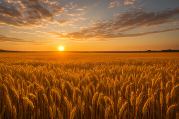 Golden wheat on the background of a beautiful evening landscape. Agricultural industry