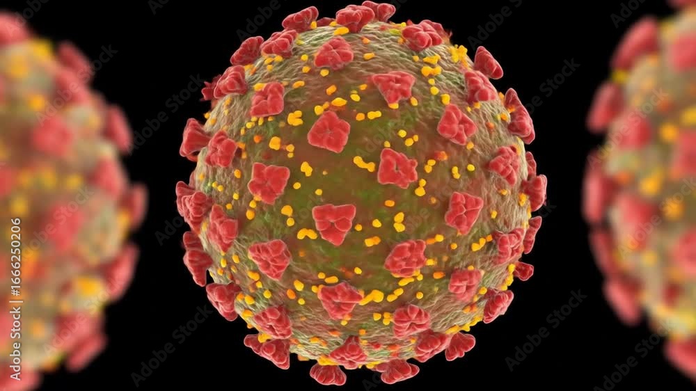 Poster realistic 3d rendering of multiple virus particles with red spikes and yellow protrusions floating i