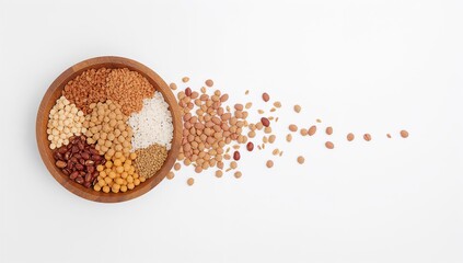 Wooden Bowl Filled with Assorted Legumes and Grains on White Surface Representing Plant-Based Nutrition, Culinary Diversity, and Wholesome Ingredients — Generative AI