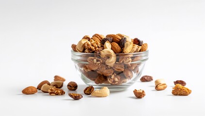 A glass bowl filled with mixed nuts, including almonds, Cashews, Walnuts, Pecans, and hazelnuts, on a white surface, representing healthy snacking and Natural nutrition—Generative AI