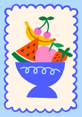 Summer fruits bowl vector illustration in whimsical frame. Bold bright food poster design with watermelon, banana, cherry, apple, strawberry