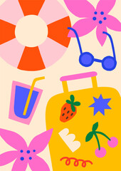 Vacation tropical beach vector illustration. Bold bright summer poster design with suitcase, cocktail, sunglasses, inflatable ring, flowers