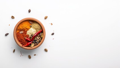Terracotta Bowl Filled with Colorful Ground and Whole Spices on White Surface Representing Culinary Tradition, Flavor Diversity, and Natural Ingredients—Generative AI