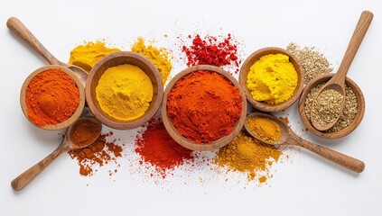 Assorted Colorful Spices in Wooden Bowls and Spoons on a white background representing culinary flavor, Natural Ingredients, and Traditional Cooking culture—Generative AI