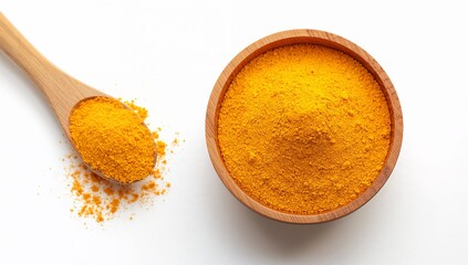 Wooden Bowl and Spoon Filled with Bright Yellow-Orange Turmeric Powder on White Surface Representing Natural Healing, Culinary Spice, and Wellness Culture — Generative AI