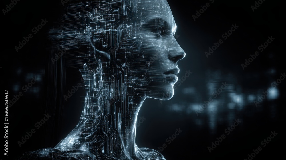 Poster woman's face with futuristic interface representing emotion-augmented algorithms in a conceptual dig