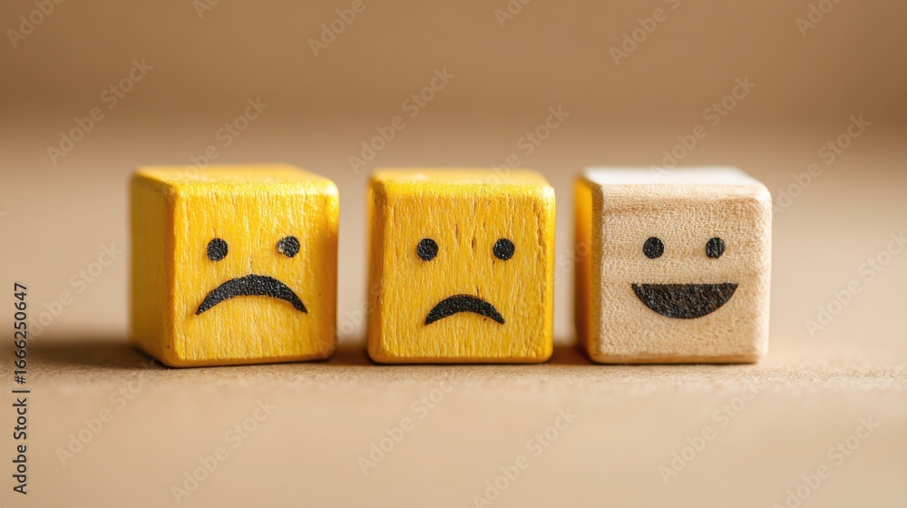 Poster two wooden blocks with faces representing emotion-balanced feedback system in a modern user interfac
