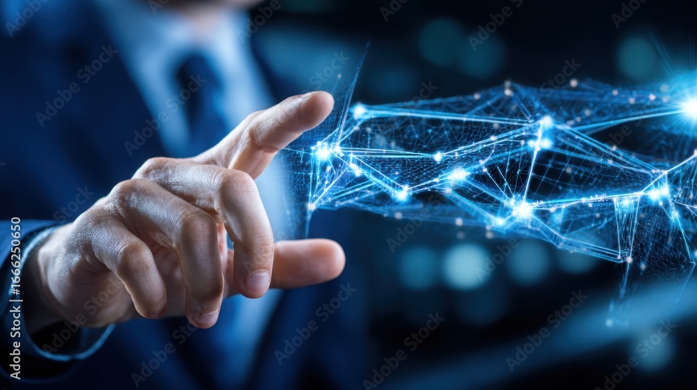 Poster person touching a network of connected lines representing emotion-augmented algorithms in a modern d