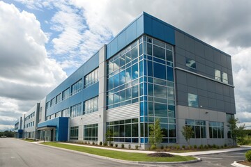 Fototapeta premium Modern office building with sleek blue-grey exterior. Contemporary design emphasizes natural light, green spaces, and sustainability. Large windows reflect sky, creating professional, eco-friendly. 