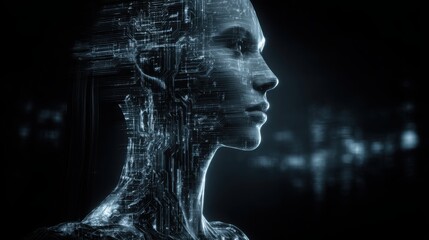 Woman's face with futuristic interface representing emotion-augmented algorithms in a conceptual digital environment