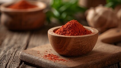 Terracotta Bowl with Reddish-Orange Spice on Rustic Wooden Surface Surrounded by Garlic, Leaves, and Kitchen Elements Representing Traditional Cooking — Generative AI