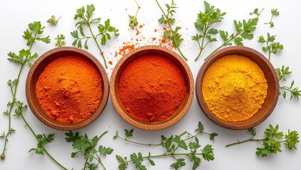 Three Wooden Bowls Filled with Paprika, Chili Powder, and Turmeric Surrounded by Fresh Herbs on White Surface Representing Culinary Color, Flavor, and Tradition — Generative AI