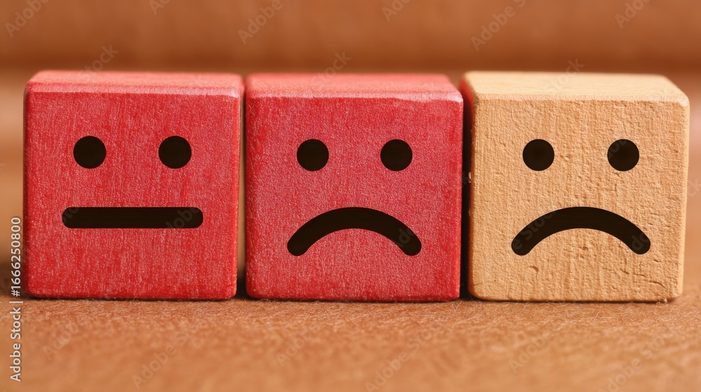 Poster two colorful blocks with faces illustrating emotions in a trust index concept for innovative blockch