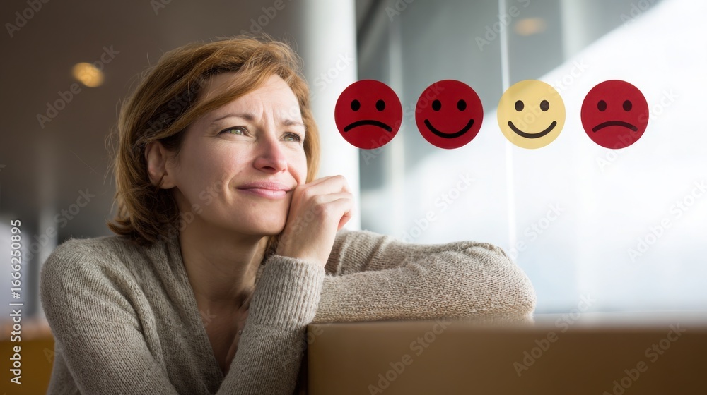 Poster woman concentrating on laptop screen while engaging with emotion-coding dashboard in a modern worksp