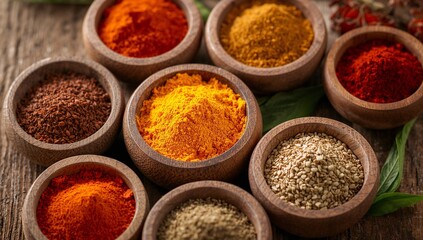 Assorted Ground Spices in Wooden Bowls on Rustic Surface with Leaves and Peppercorns Representing Culinary Diversity, Natural Ingredients, and Global Flavor — Generative AI