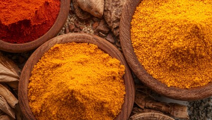Three Wooden Bowls Filled with Vibrant Spices on Rustic Surface with Dried Leaves Representing Culinary Diversity, Natural Ingredients, and Tradition Generative A AI