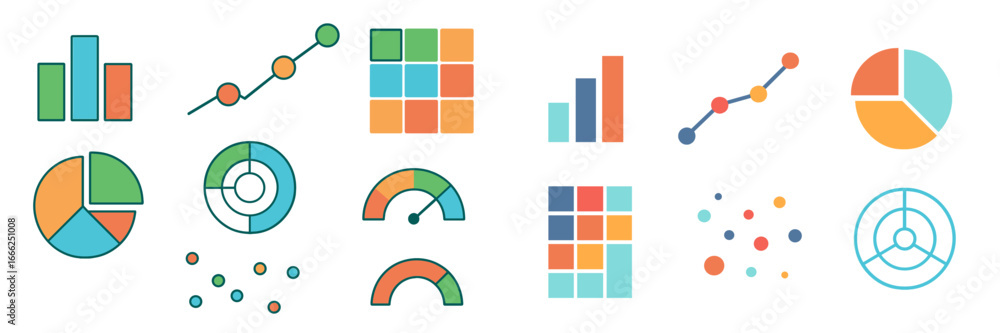 Aufkleber data visualization charts and graphs set, minimalist flat design