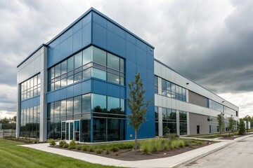 Obraz premium Modern office building with sleek blue-grey exterior. Contemporary design emphasizes natural light, green spaces, and sustainability. Large windows reflect sky, creating professional, eco-friendly. 
