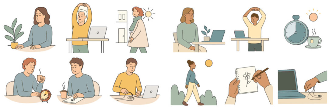 People working and relaxing with laptops and coffee