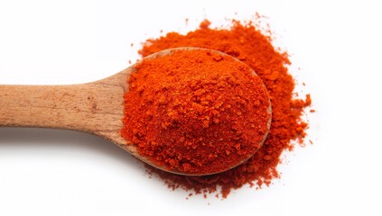 Wooden Spoon Filled with Bright Red-Orange Spice Powder on White Background Representing Culinary Flavor, Natural Ingredients, and Traditional Cooking—Generative AI