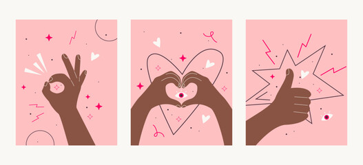 Vector illustration. The hands make signs.  Ok The Heart    Good