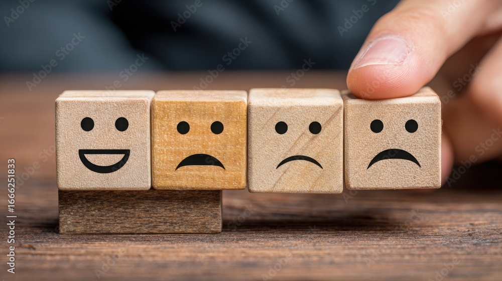 Poster hand holding a wooden block with a sad face expressing emotional support and connection in an empath