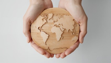 Human Hands Holding Carved Wooden Globe Symbolizing Global Unity, Environmental Responsibility, Sustainability, Peace, and Care for Earth — Created with Generative AI