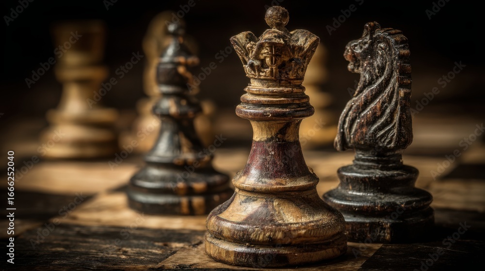 Poster a chess game in progress on a classic board with strategically placed pieces highlighting critical t