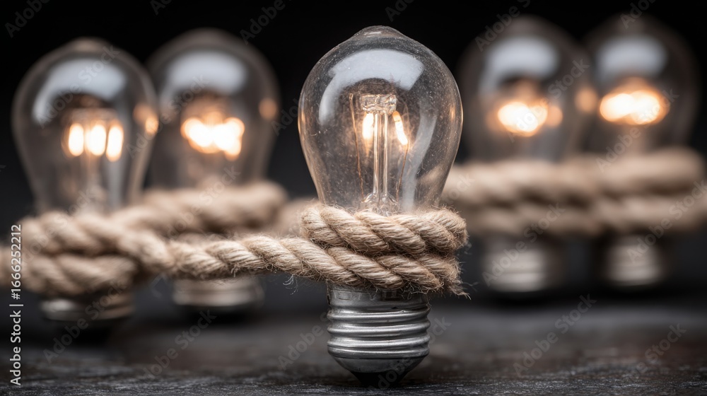 Poster decorative string of light bulbs illuminating space for energy transition board icon concept and tea