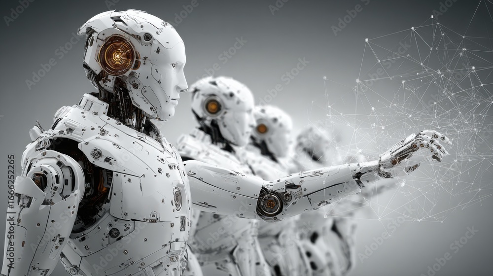 Aufkleber two robots with outstretched arms symbolizing interconnectedness in the enterprise ai hive concept o