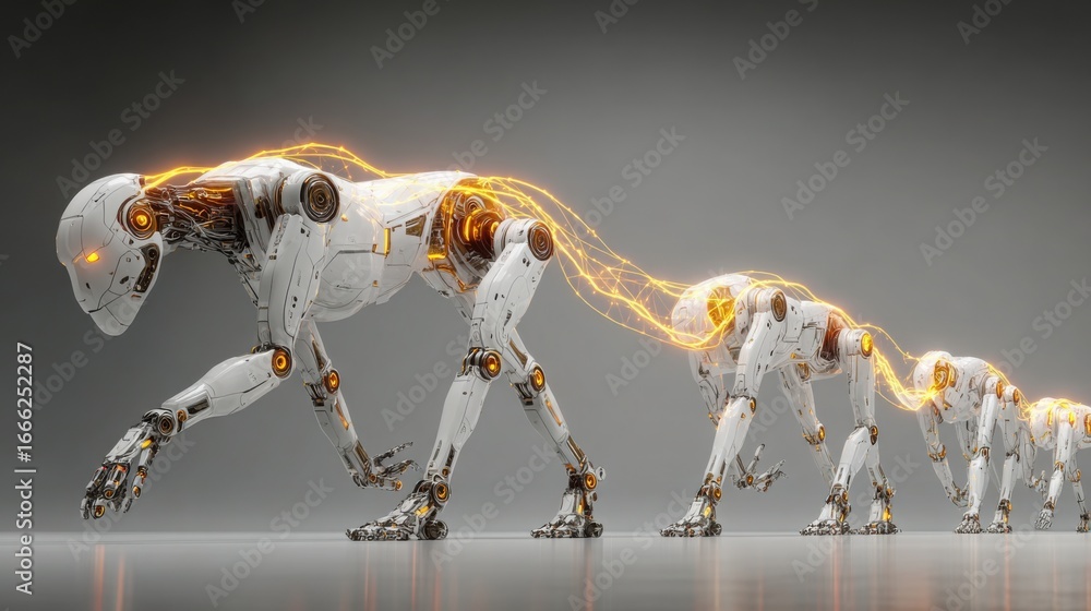 Aufkleber group of robots walking together depicting interconnected robotic ai in the enterprise ai hive conce