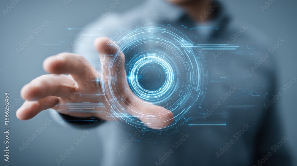Poster a man holding a futuristic blue representing the concept of eq-driven business visualizer for enhanc