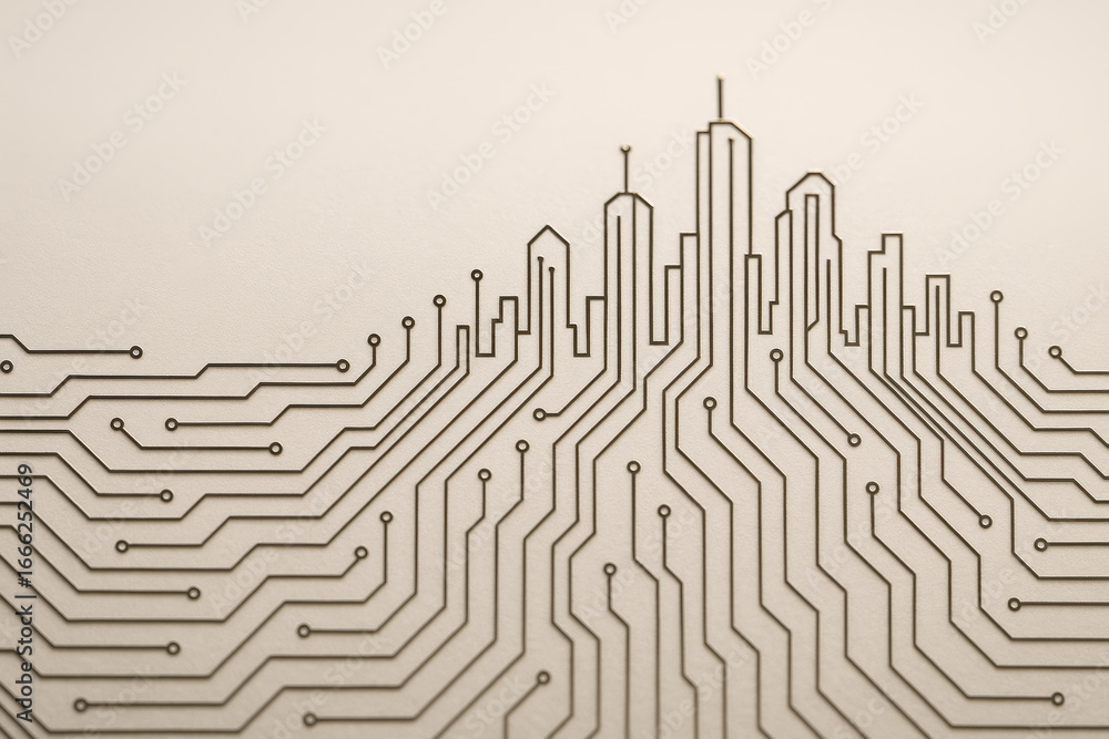 Poster minimalist ai circuit pattern forming smart city skyline with macro detail and futuristic technology