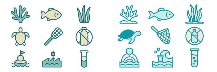 Marine Life and Ocean Conservation Symbols, Minimalist flat design