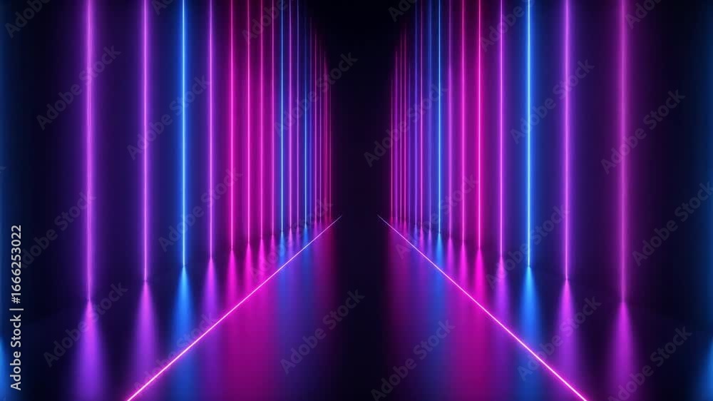 Poster abstract neon lights background with glowing purple and blue lines reflecting on a dark surface crea