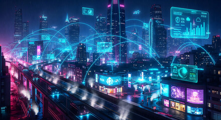 Fototapeta premium Futuristic Smart City at Night with Glowing IoT Network Connections and Holographic Devices – Advanced Urban Technology and Cyberpunk Innovation Illustration