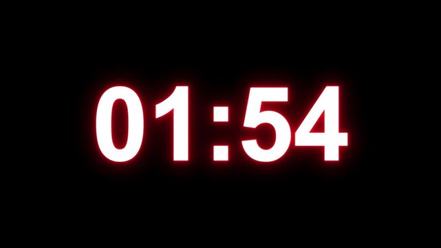"Neon Countdown Timer 2 Minutes. Glowing 120 Seconds Digital Clock Animation on Black Background.  4K Motion Graphics