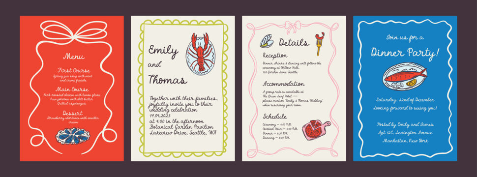 Whimsical hand drawn sea food poster and menu template in trendy whimsical style. Perfect doodle for quirky italian dinner  restaurant and cafe, kitchen wall art, poster,  party, birthday, sign - Powered by Adobe