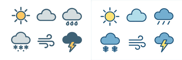 Obraz premium Weather Icons Collection with Sun, Clouds, Rain, Snow, Wind