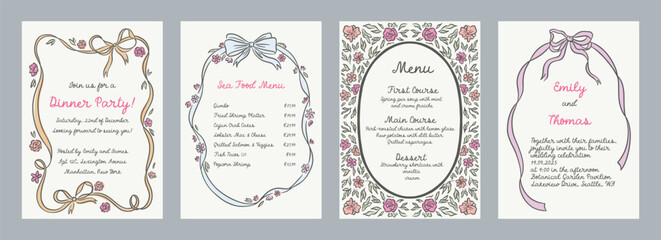 Set of spring whimsical hand-drawn pink blue orange green color frames with flowers and bows in trendy, vintage styles. Perfect for quirky holiday, wedding, birthday gift decorations