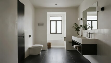 Fototapeta premium A modern minimalist bathroom, featuring black and white as the main tones, paired with green plants and simple bathroom facilities, creating a neat, comfortable and design - oriented space atmosphere.