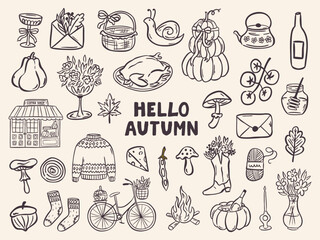 Cozy fall doodle clipart with pumpkins, hot drinks, candles, sweaters, and leaves. Hand-drawn vector set in a cute, whimsical style for seasonal designs and Thanksgiving themes